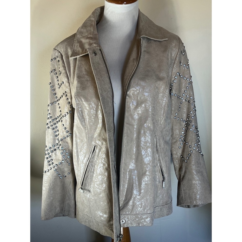 Bradley Bayou Women's Shimmering Beige Silver Studded Leather Jacket Size Medium - Picture 2 of 11